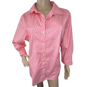 L.L. Bean Pink 3/4 Sleeve Floral Patterned Button Up Collared Shirt